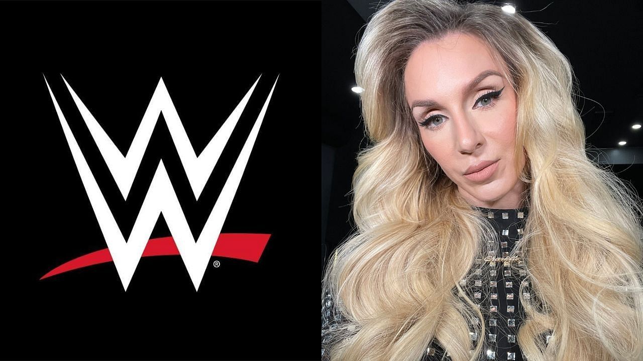 WWE logo (left) and Charlotte Flair (right)