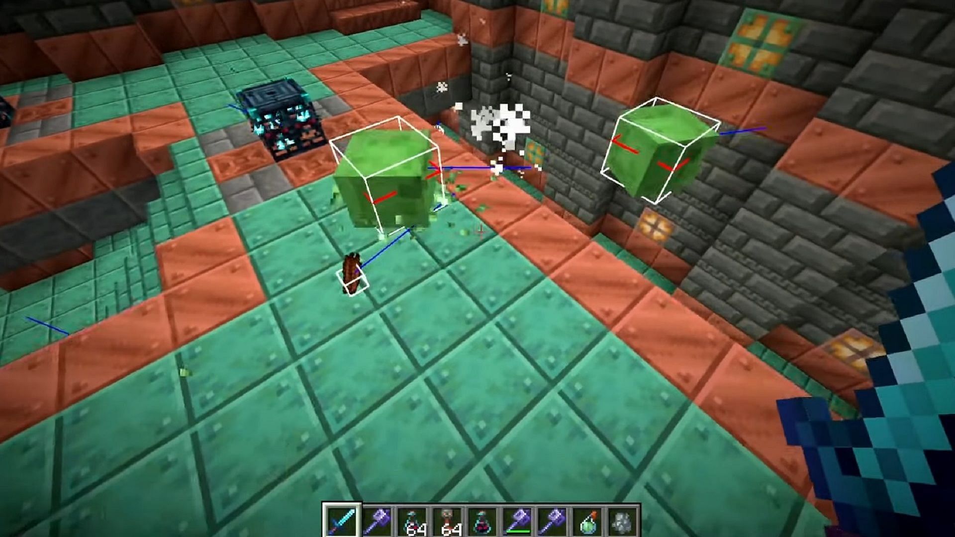 A zombie is killed in Minecraft, spawning two slimes thanks to the Oozing effect (Image via Rays Works/YouTube)