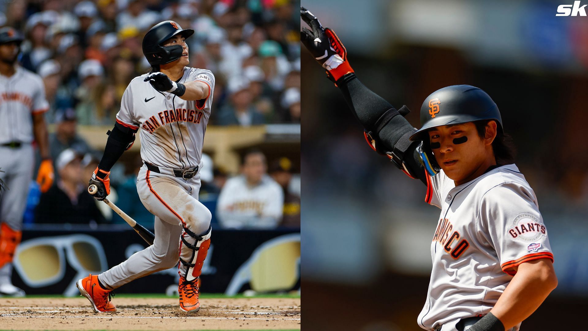 Jung Hoo Lee of the San Francisco Giants hits a fly out in the second inning during a game against the San Diego Padres at PETCO Park