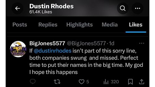 Dustin Rhodes liked an interesting post on X/Twitter