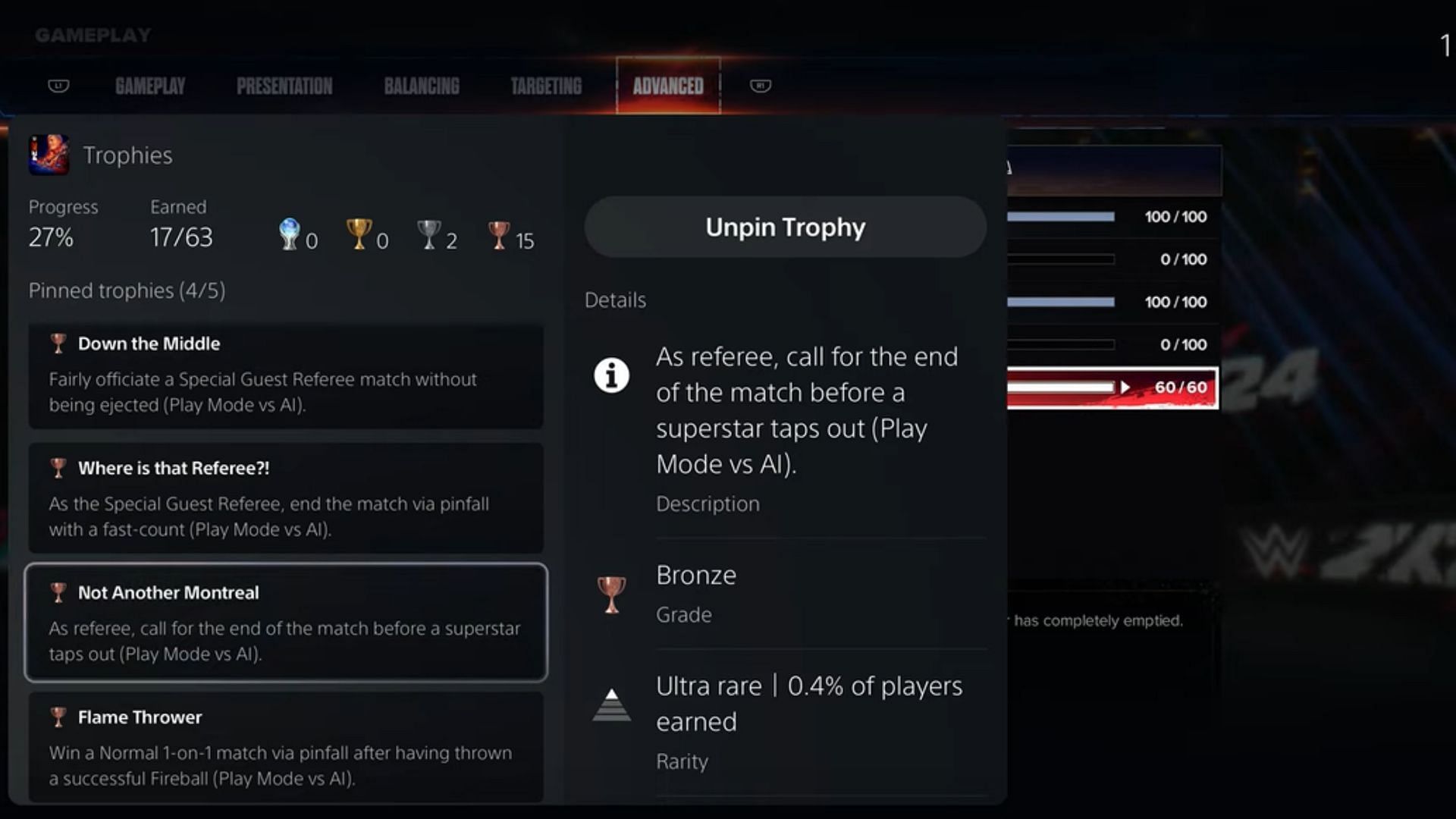 Conditions of Not Another Montreal trophy in WWE 2K24 (Image via YouTube/Poru99, 2K Games)