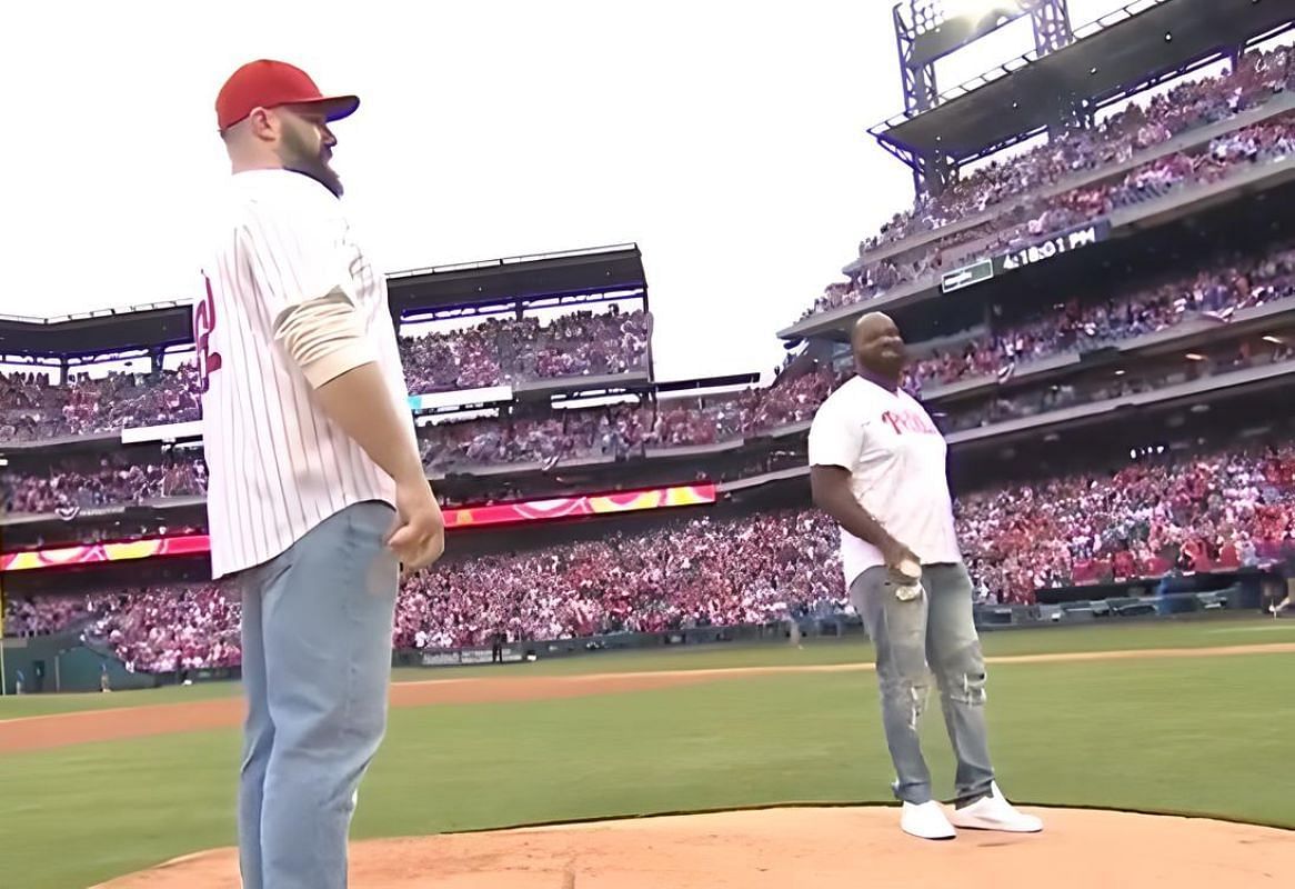 &quot;Did Jason actually do better than Travis&quot; - Fans react as Eagles legends Jason Kelce &amp; Fletcher Cox throw first pitch at Phillies vs. Braves game