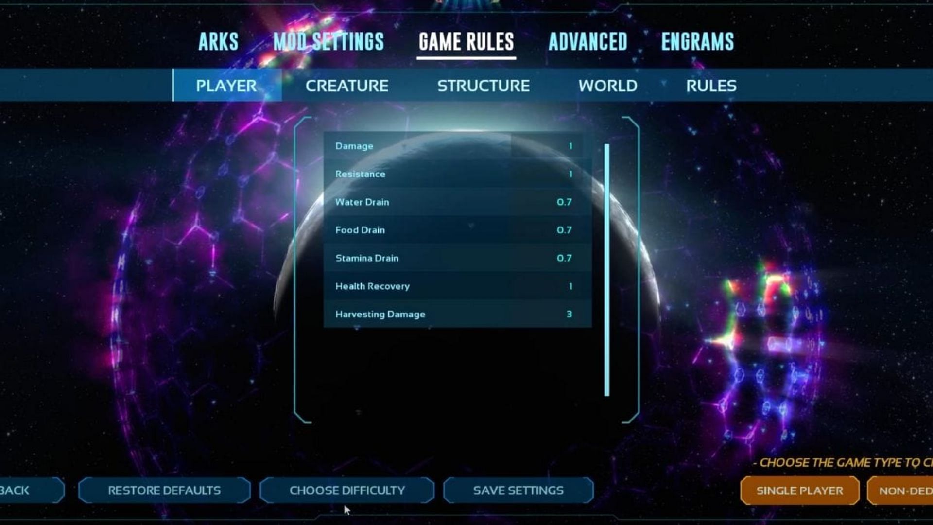 Game rules settings can make the gameplay easy or difficult depending on how you set them (Image via Studio Wildcard)