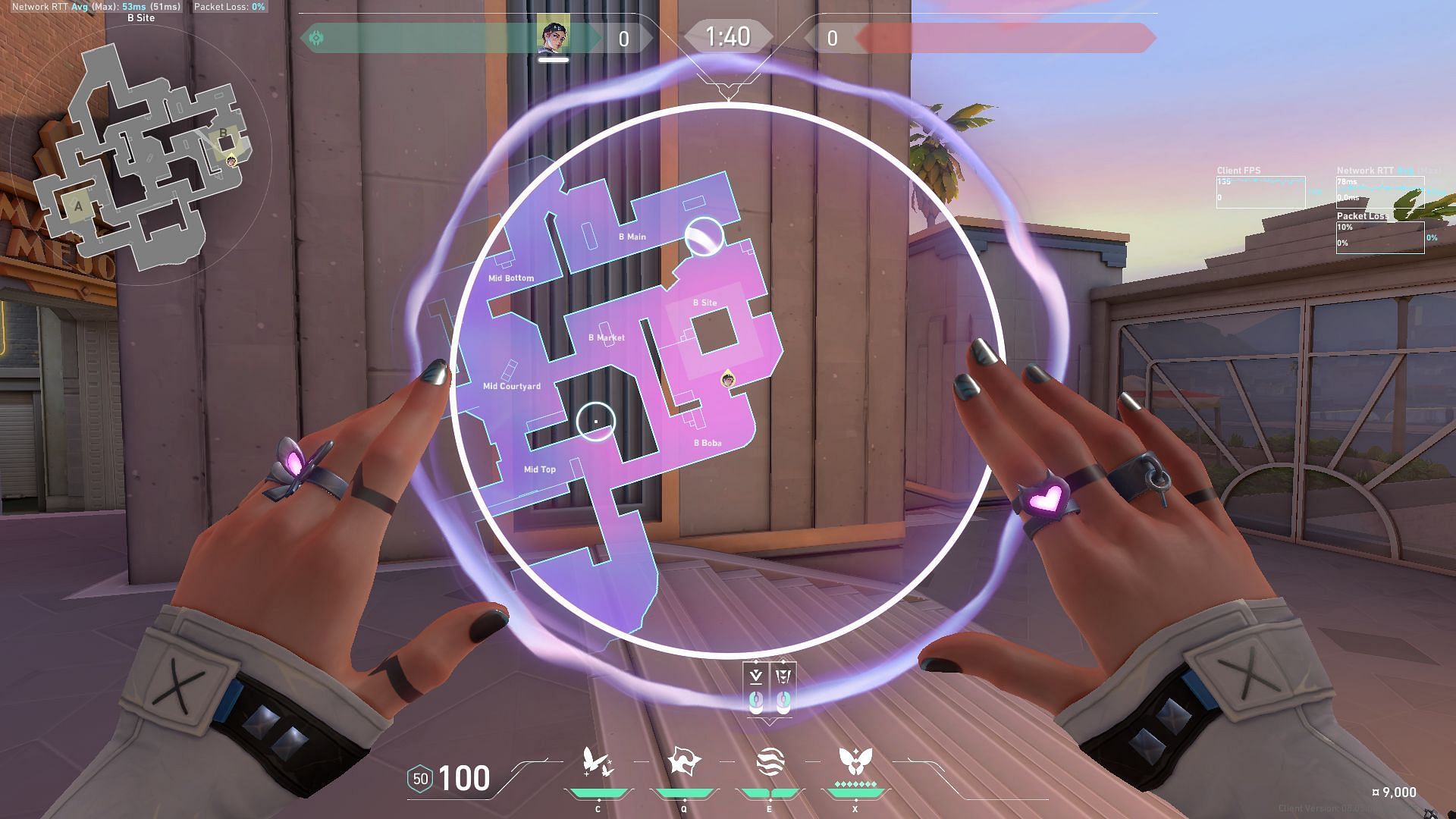 B-Site defending smokes on Valorant&#039;s Sunset tactical map view (Image via Riot Games)