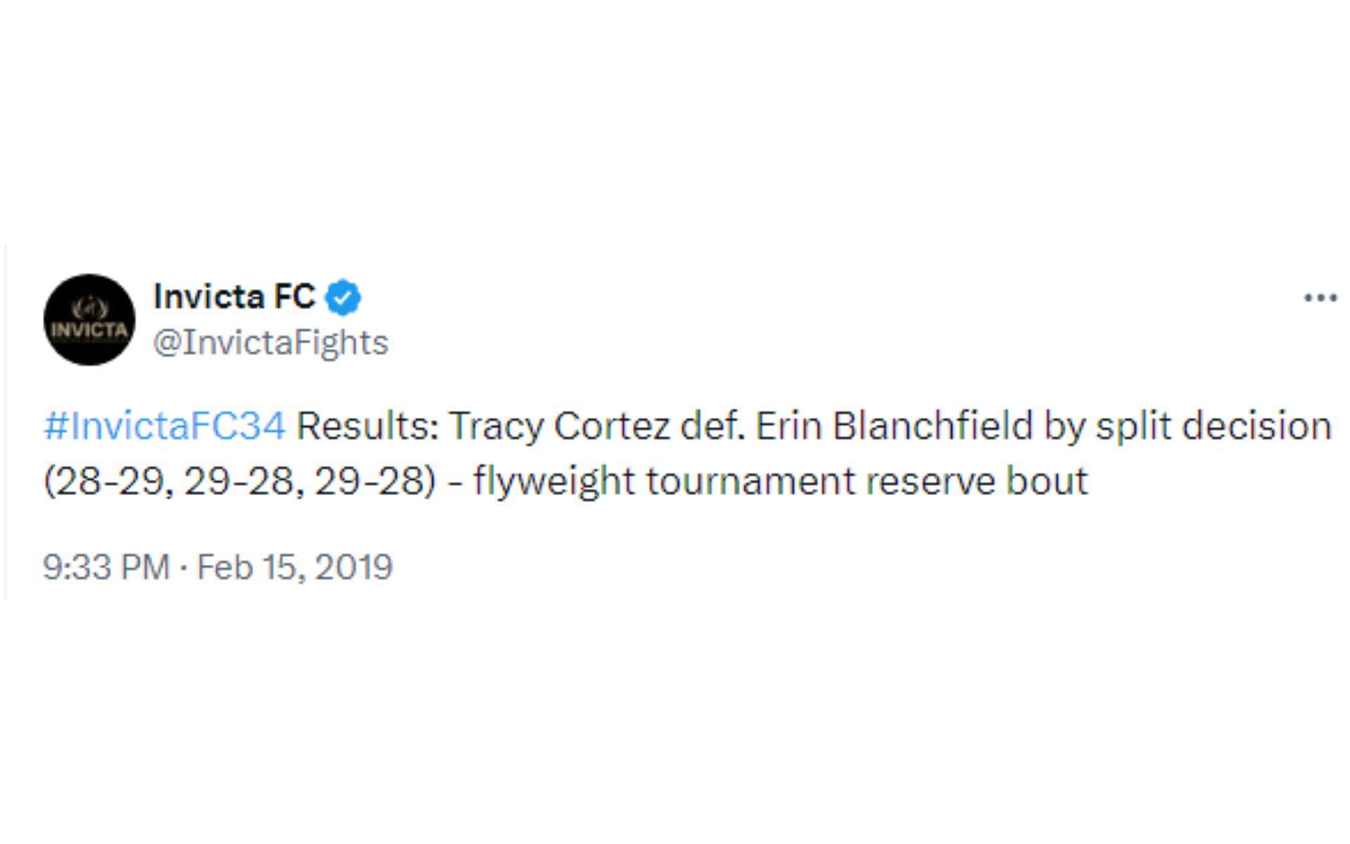 Tweet regarding judges&#039; scorecard for Cortez vs. Blanchfield [Image courtesy: @InvictaFights - X]