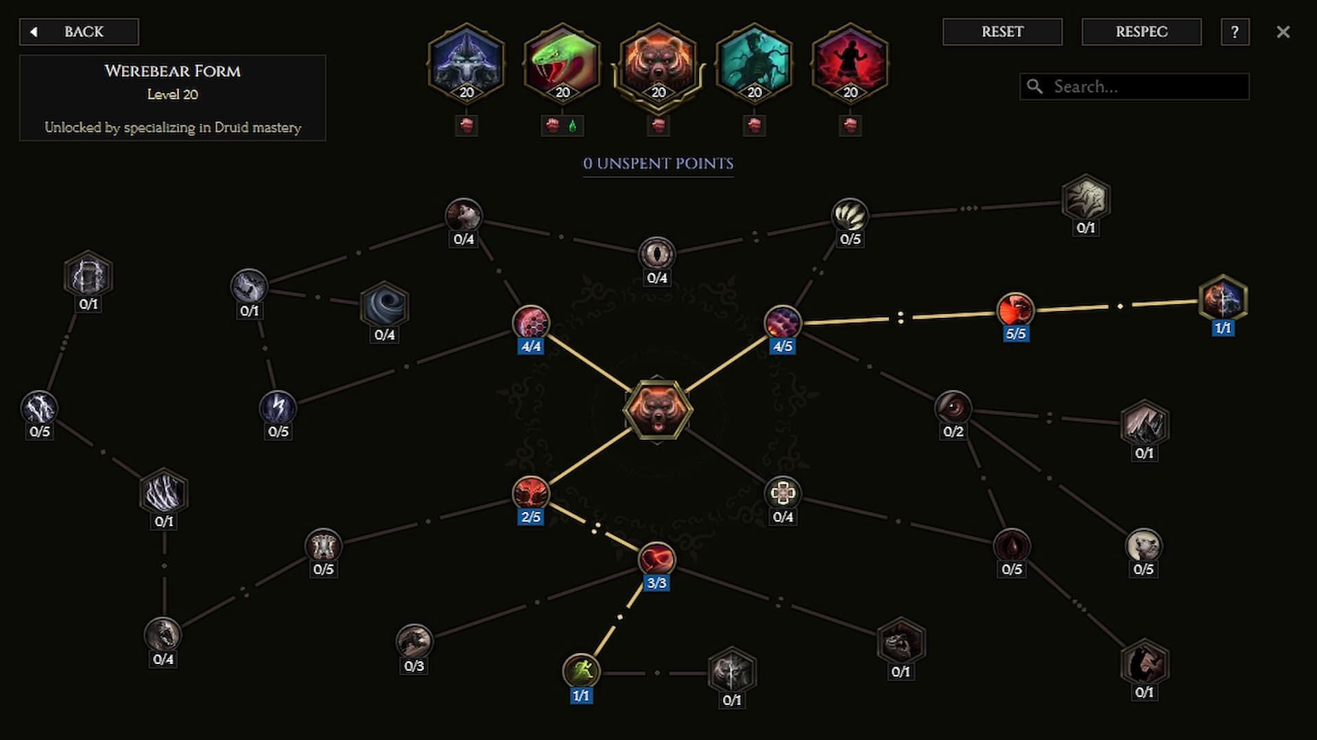 Skill tree for Werebear Form (Image via Eleventh Hour Games || lastepochtools.com)