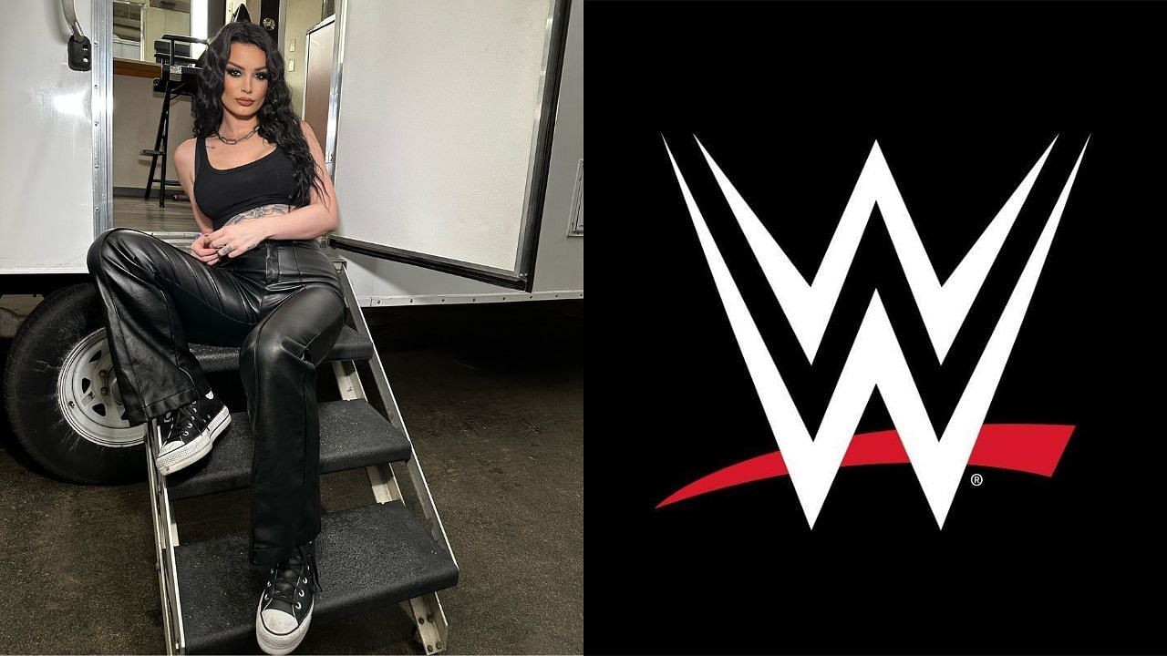 Saraya (left) and WWE logo (right)