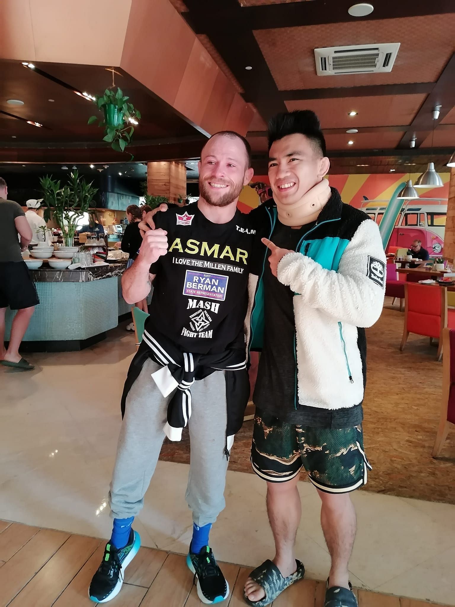 Jarred Brooks and Joshua Pacio at the fighter hotel in Doha on Saturday morning.