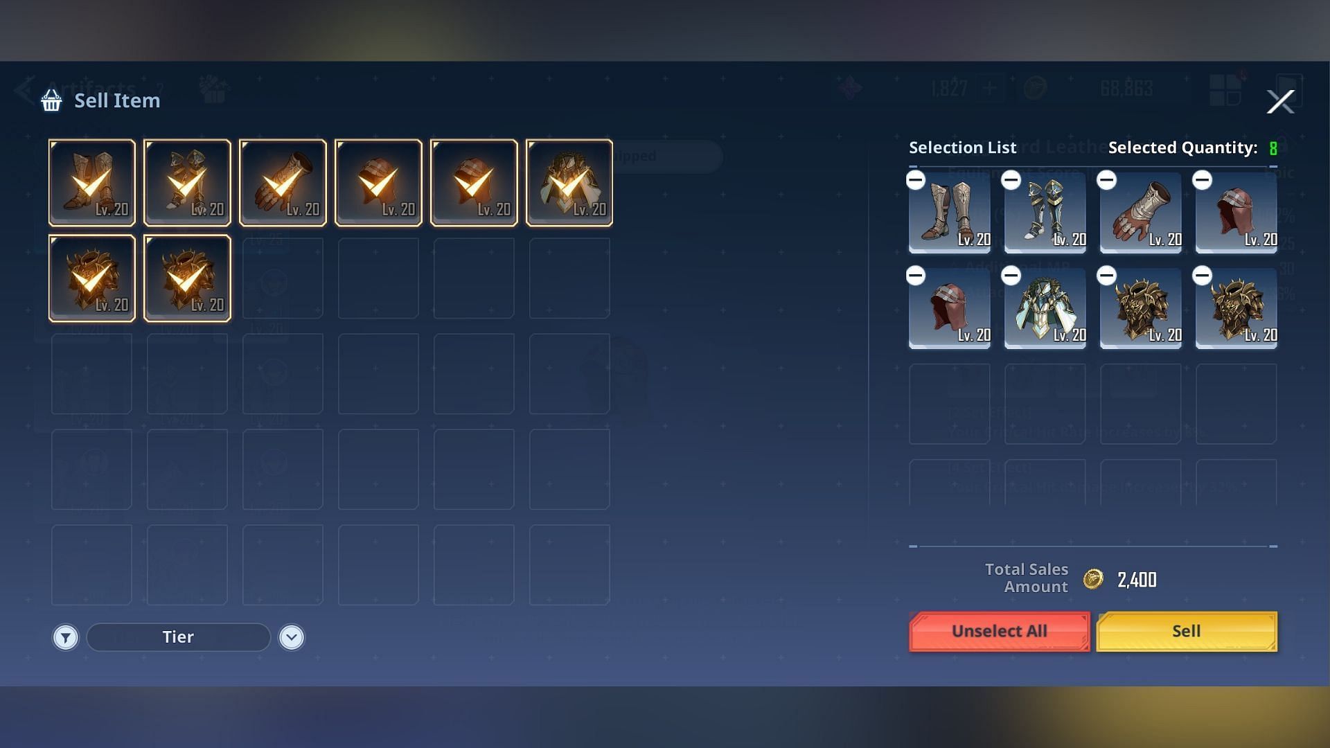 You can sell lower-rarity or unused Artifacts to get more Gold in Solo Leveling: Arise (Image via Netmarble)