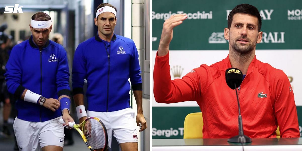 Rafael Nadal and Roger Federer (L) and Novak Djokovic (R)