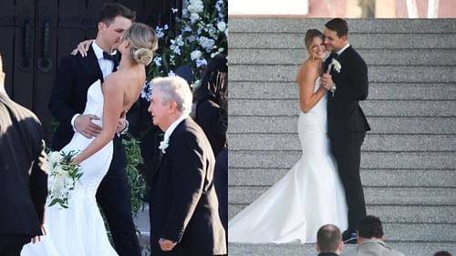 Brock Purdy and Jenna Brandt walk outside of the church and share a kiss.