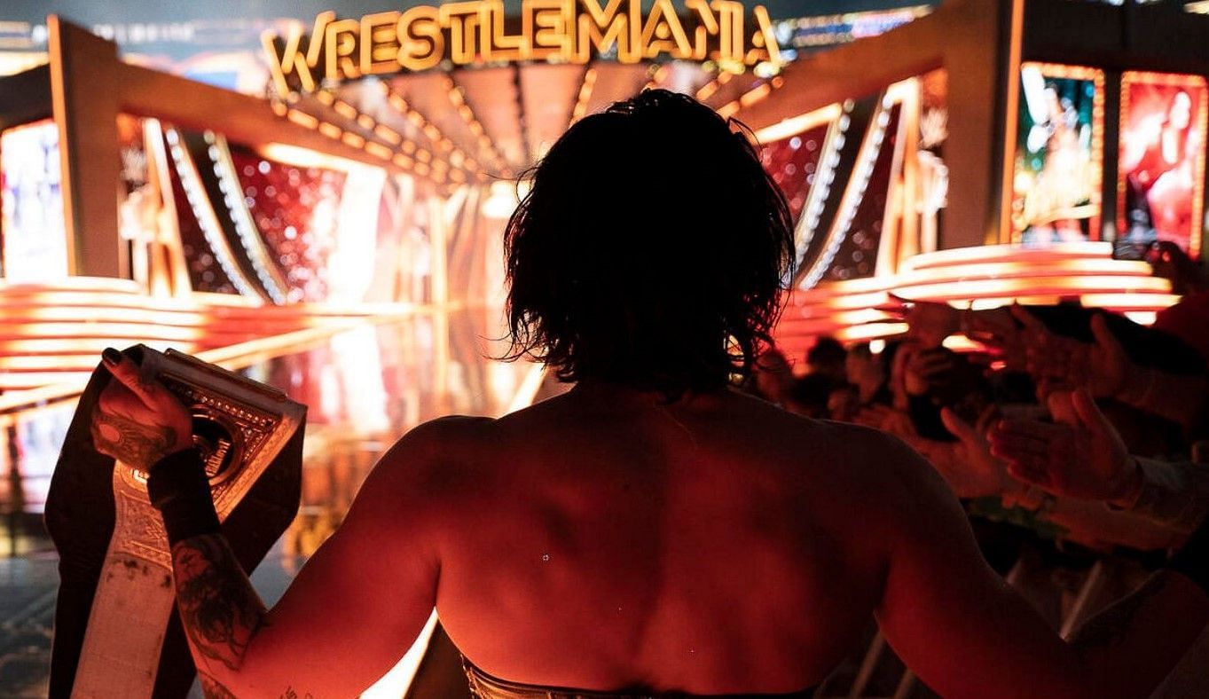 Rhea Ripley basking in the glory of her title win at WrestleMania 39 (Image credits: wwe.com)