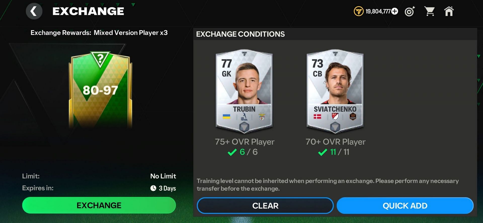 The 80-97 Mixed Version Player x3 Exchange is a key to fetch unlimited coins in FC Mobile (Image via EA Sports)