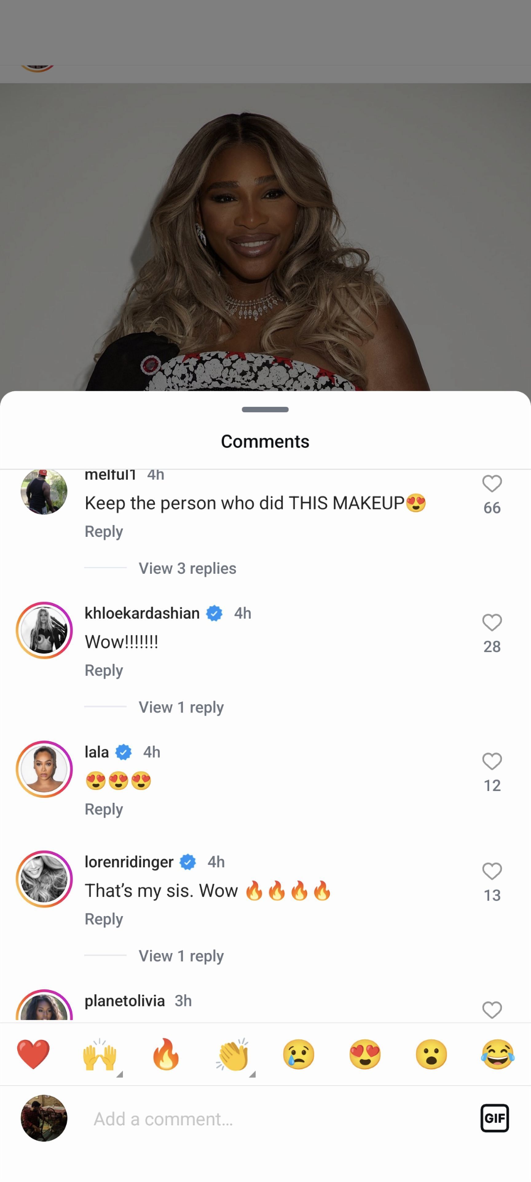 Screen grab of Khloe Kardashian&#039;s comment under Williams&#039; post