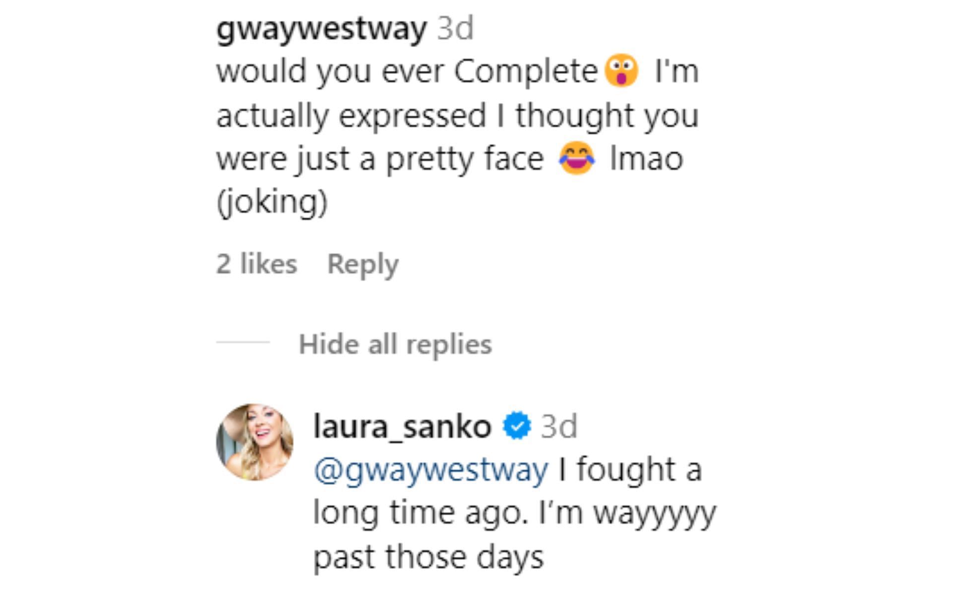 Screenshot of Laura Sanko&#039;s response to a fan&#039;s comment on Instagram