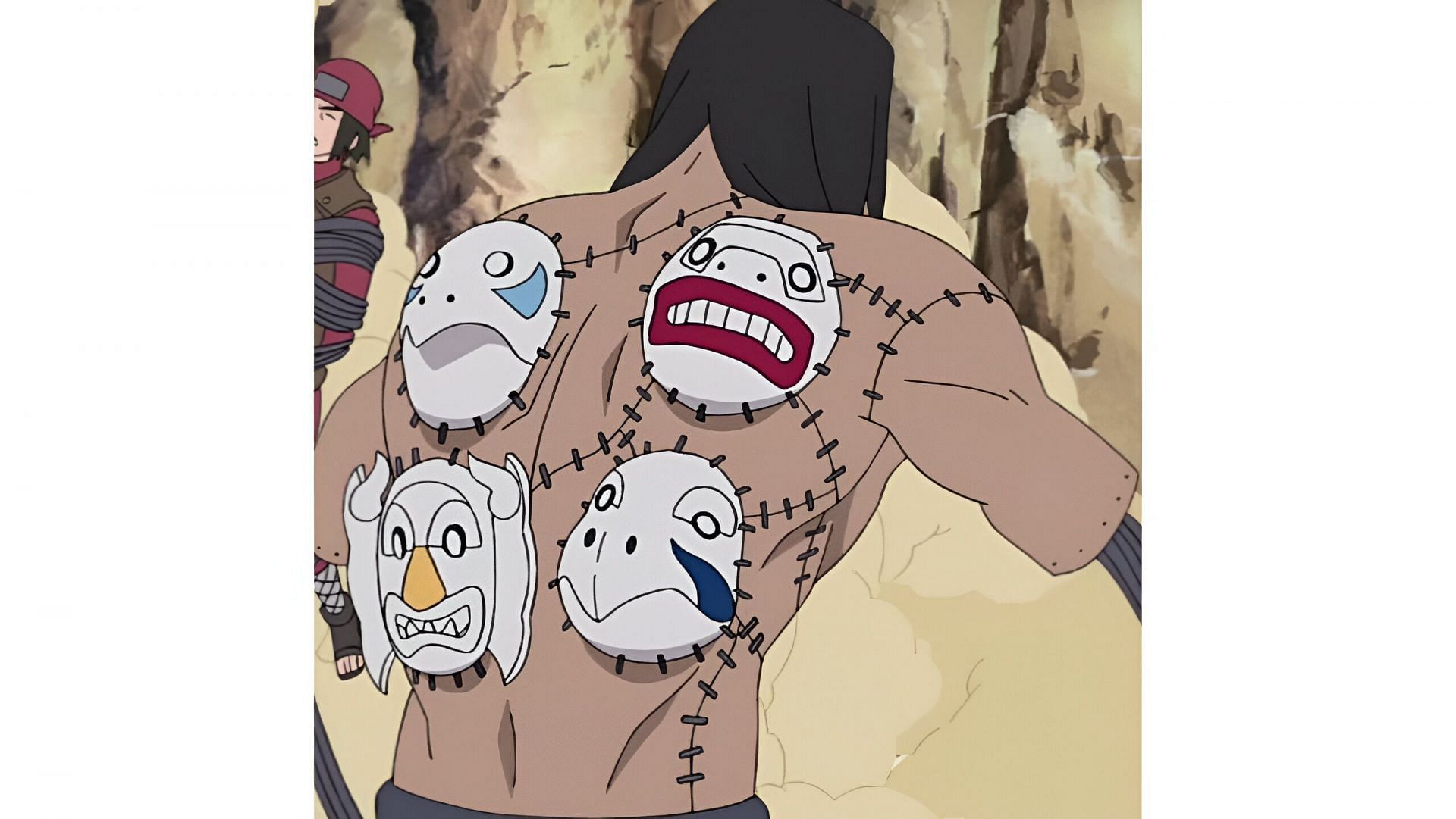 The masks of Kakuzu as seen on his back (Image via Studio Pierrot)