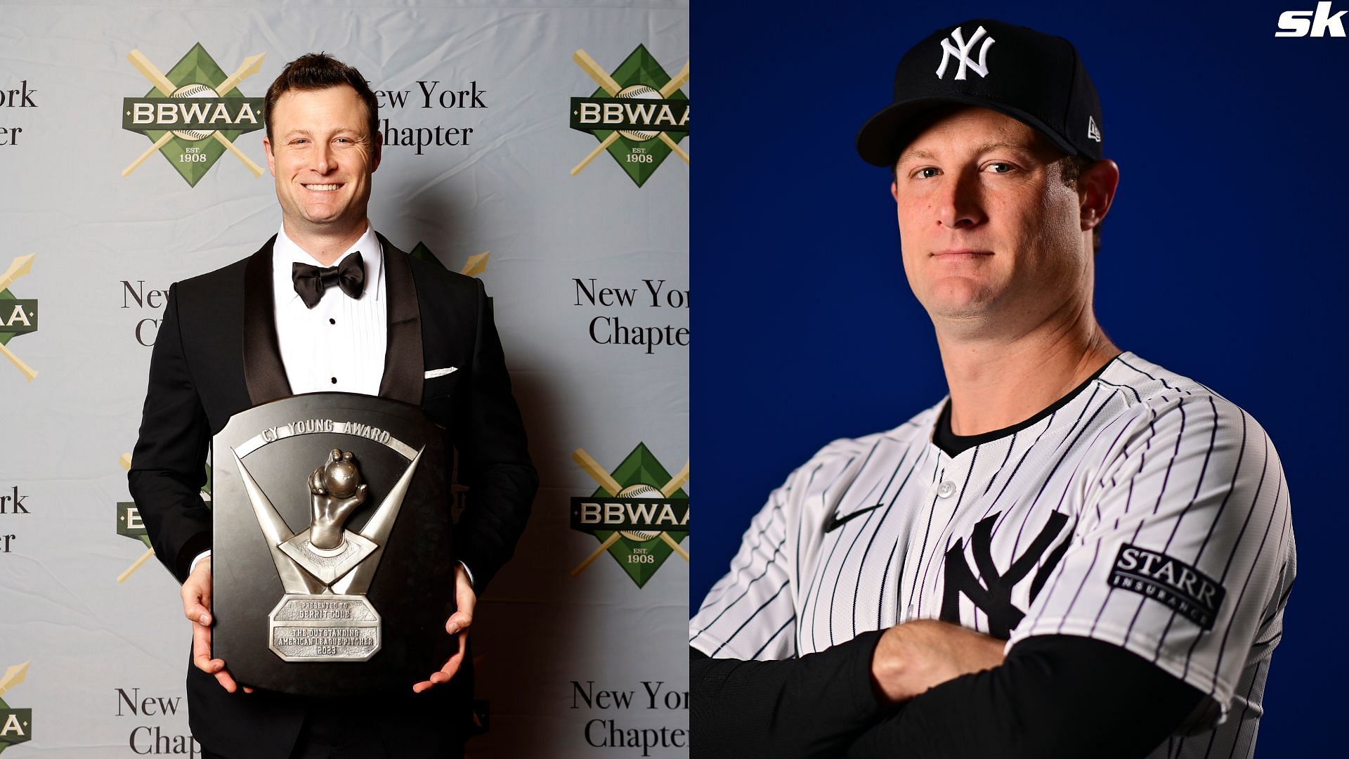 New York Yankees pitcher Gerrit Cole poses with the American League Cy Young Award during the 2024 BBWAA Awards Dinner