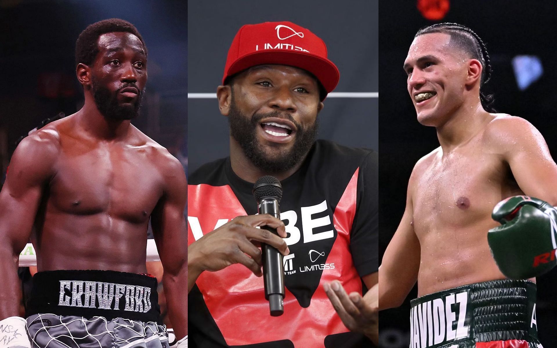 Floyd Mayweather (middle) suggests Terence Crawford (left) and David Benavidez (right) should fight at 168 pounds [Images Courtesy: @GettyImages]