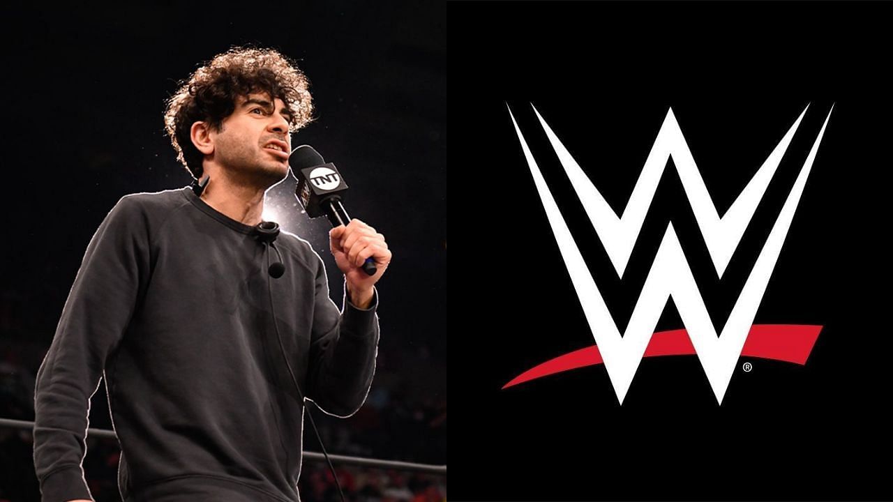 Tony Khan (left) and WWE logo (right)