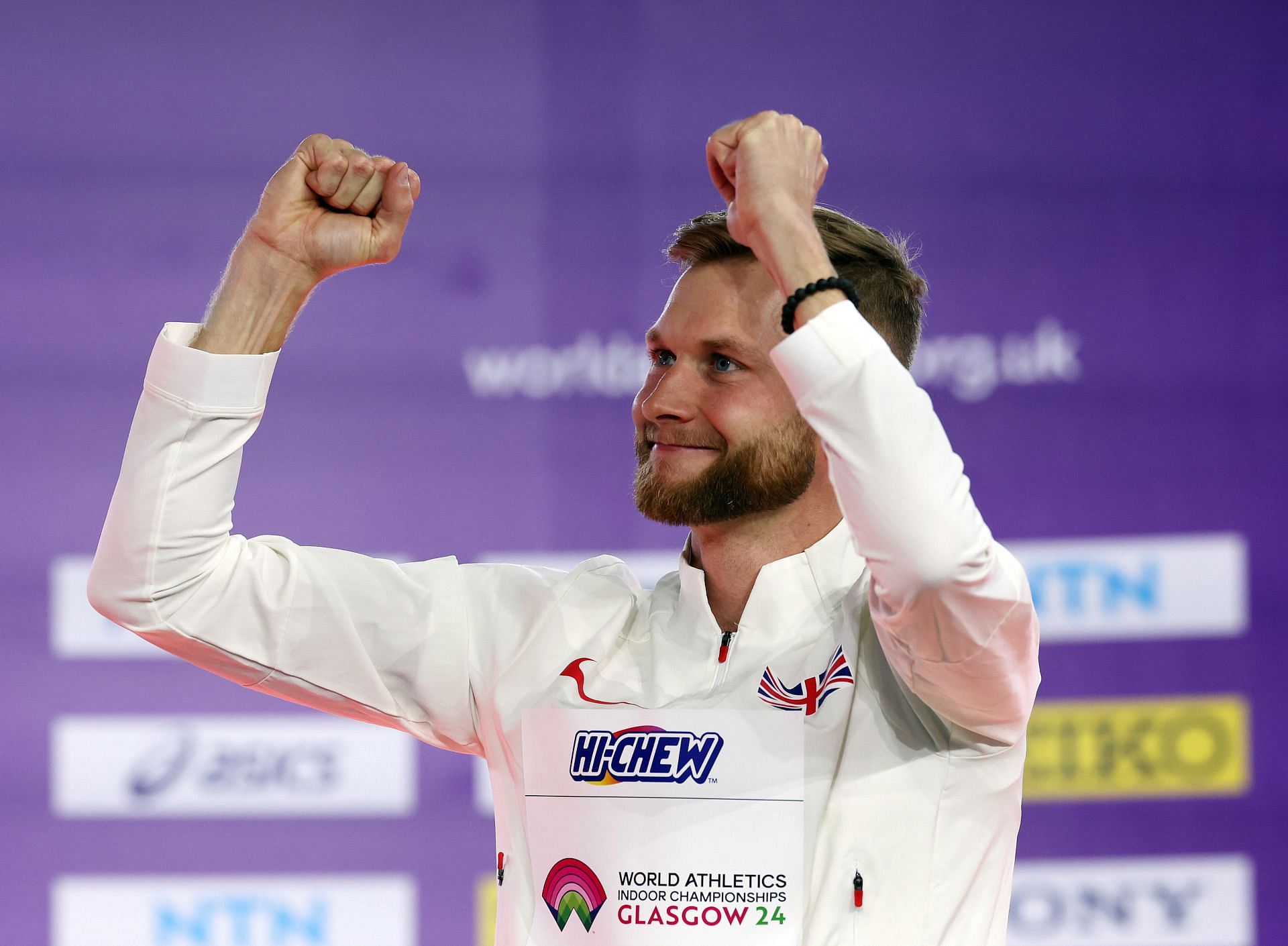 Josh Kerr during the medal ceremony for the Men&#039;s 3000 Metres at the World Indoor Championships Glasgow 2024. (Photo by Ian MacNicol/Getty Images)