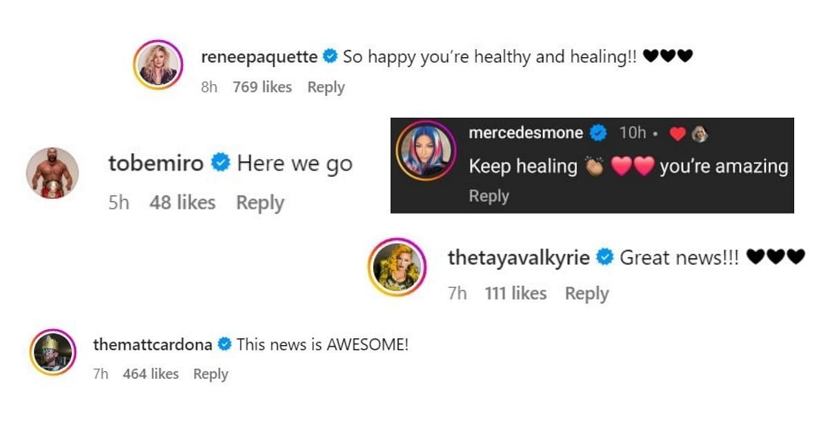 Miro, Renee Paquette, Taya Valkyrie, Mercedes Mone, and Matt Cardona react to Maryse's Instagram post.