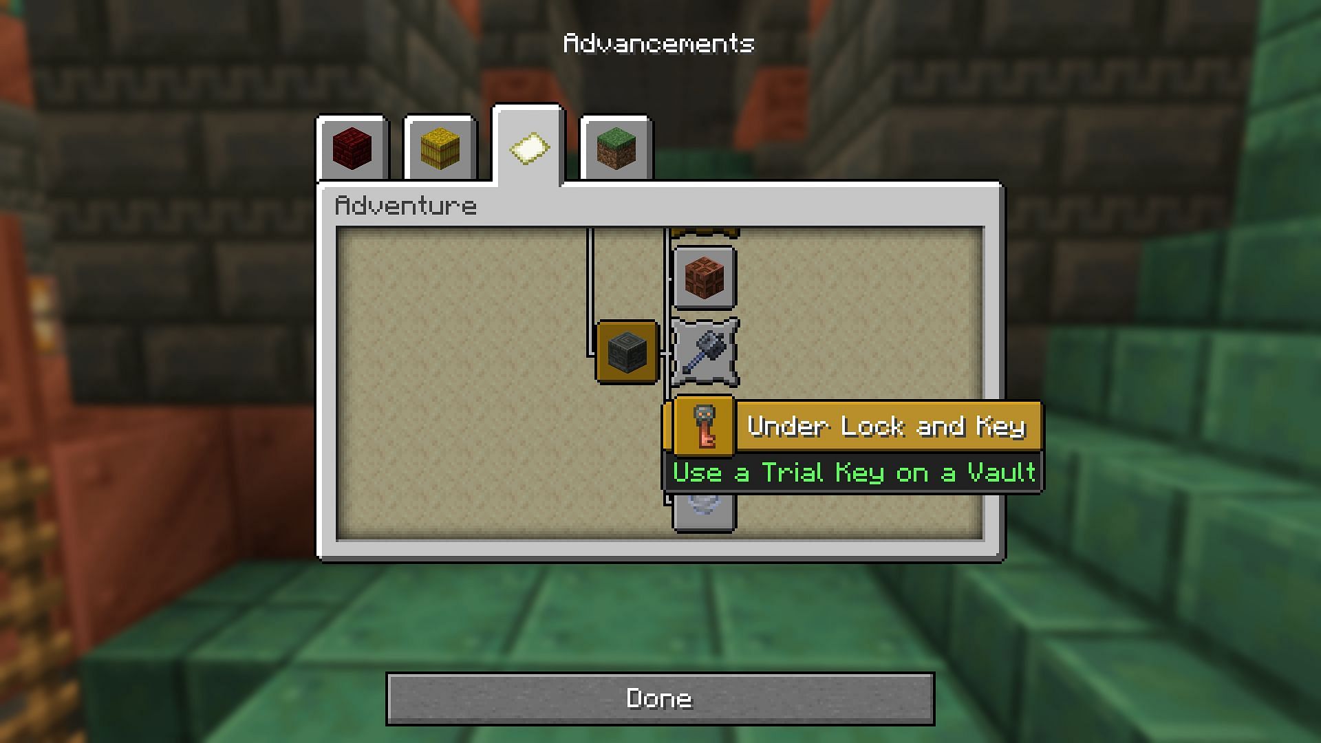 Under Lock and Key advancement&#039;s description in Minecraft (Image via Mojang)