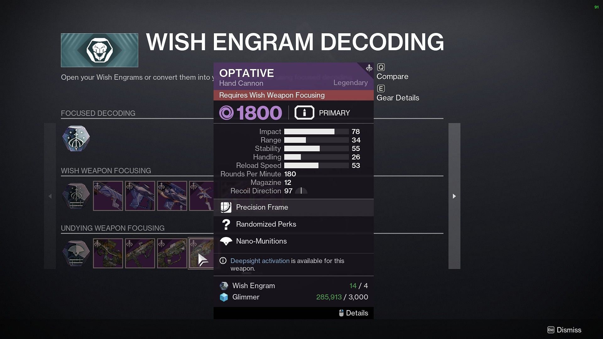 Optative in Wish Engram Decoding section of Destiny 2 (Image via Bungie)