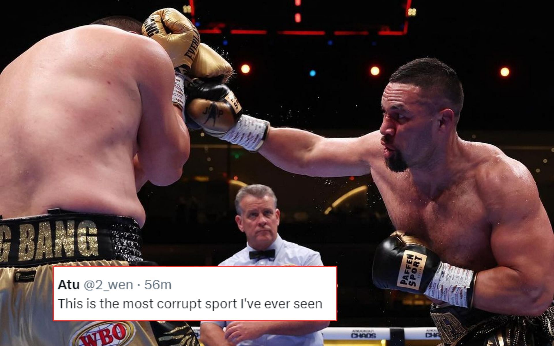 Zhilei Zhang (left) defends a right hand from Joseph Parker (right) during their fight [Image courtesy of @matchroomboxing on Instagram]