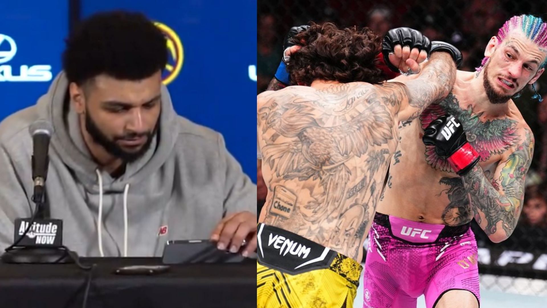 Fans react to Jamal Murray (left) watching UFC 299 during press conference [Images courtesy of @dnvr_nuggets on X &amp; @ufc on Instagram]