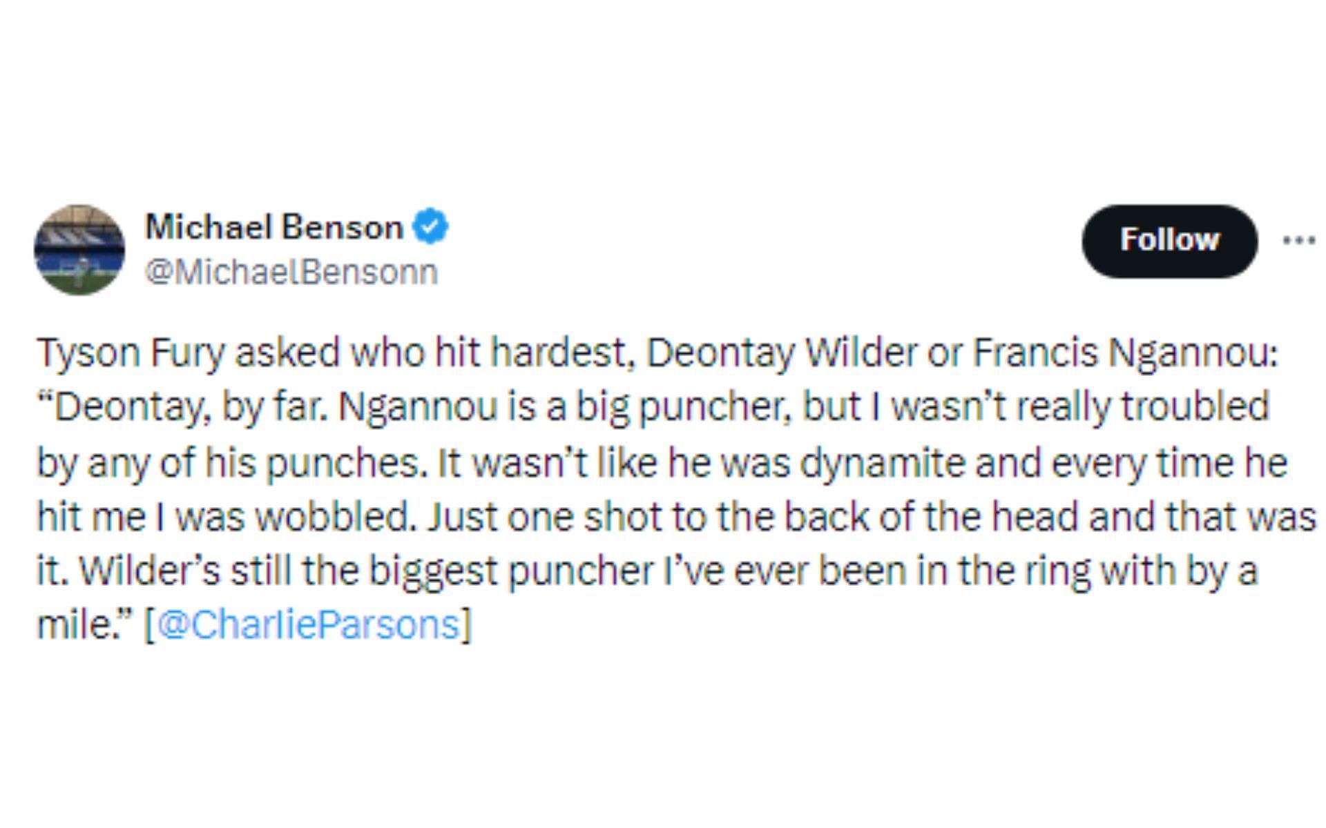 Tweet regarding Fury&#039;s comments about Wilder and Ngannou [Image courtesy: @MichaelBensonn - X]