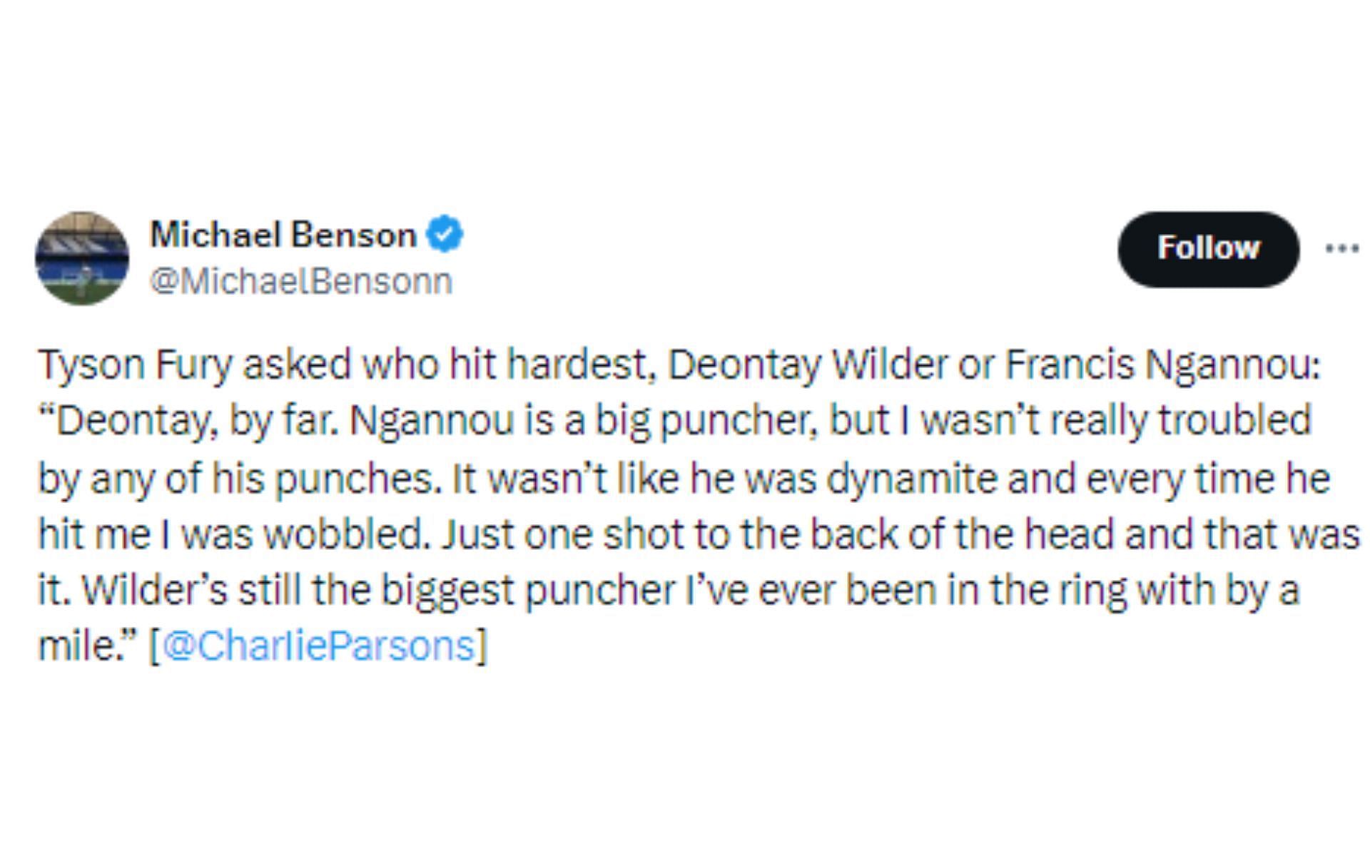 Tweet regarding Fury's comments about Wilder and Ngannou [Image courtesy: @MichaelBensonn - X]