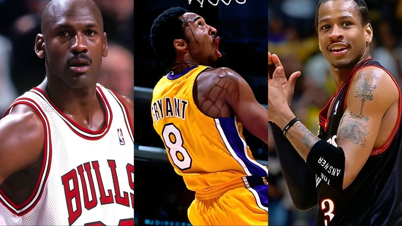 Michael Jordan, Kobe Bryant, Allen Iverson (L-R) have been immortalised by their NBA teams with statues