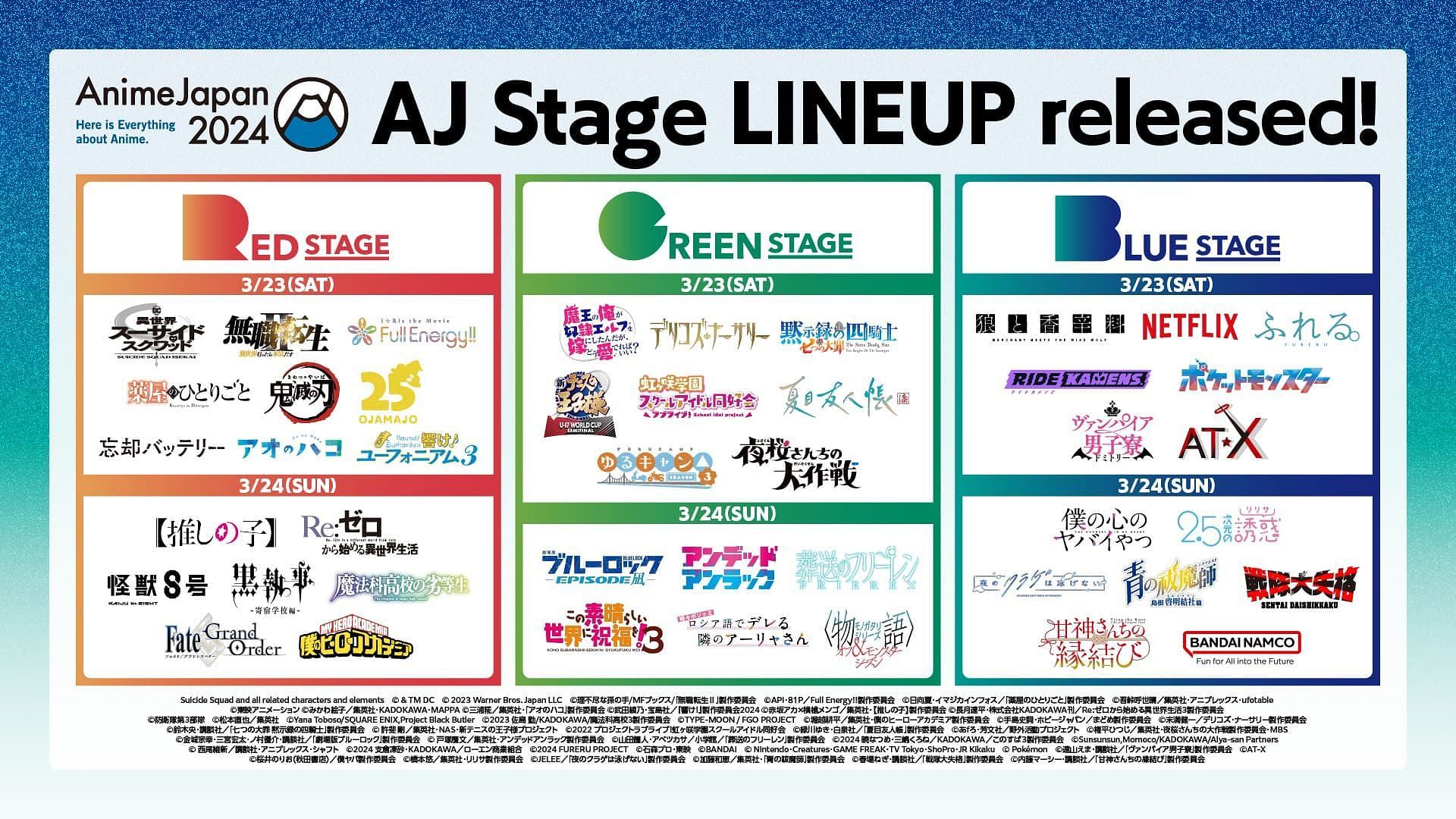Anime Japan 2024&#039;s two-day lineup for each of its 3 stages (Image via Anime Japan)