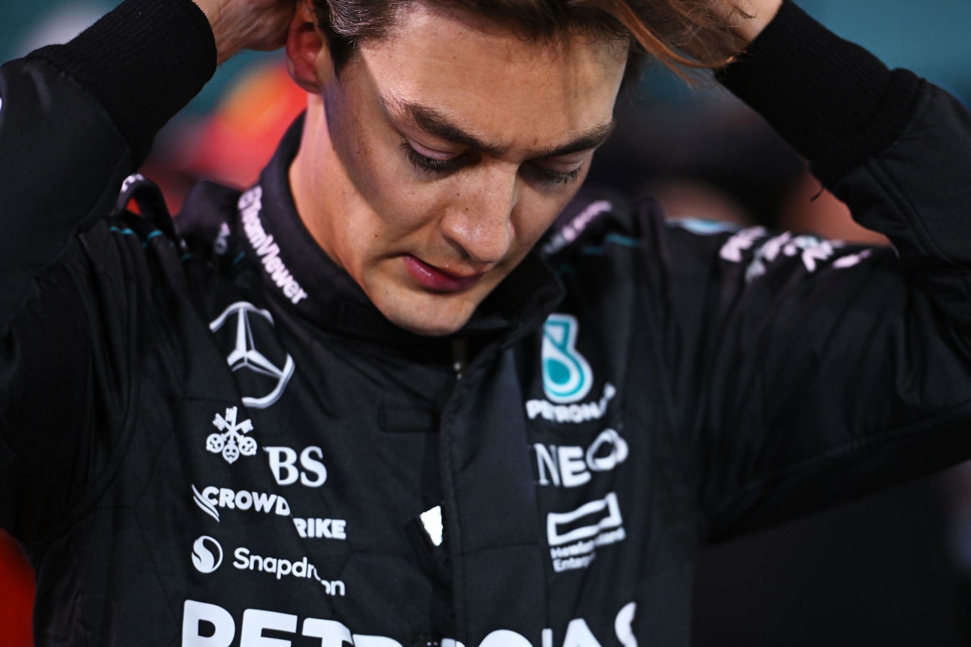 Third placed qualifier George Russell of Great Britain and Mercedes reacts in parc ferme during qualifying ahead of the F1 Grand Prix of Bahrain at Bahrain International Circuit on March 01, 2024 in Bahrain, Bahrain. (Photo by Rudy Carezzevoli/Getty Images)