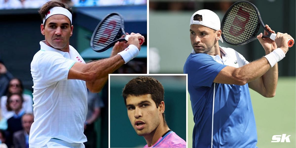Roger Federer (L), Grigor Dimitrov, and Carlos Alcaraz (inset)