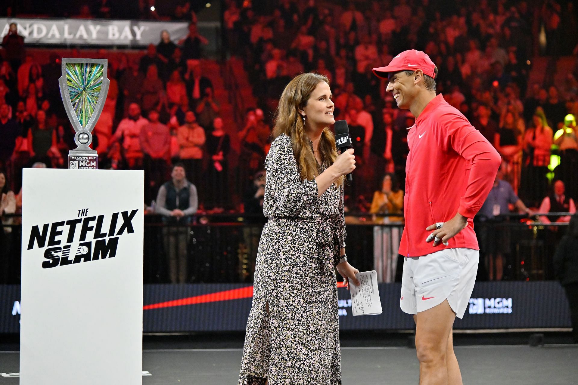 Rafael Nadal speaking during the trophy presentation