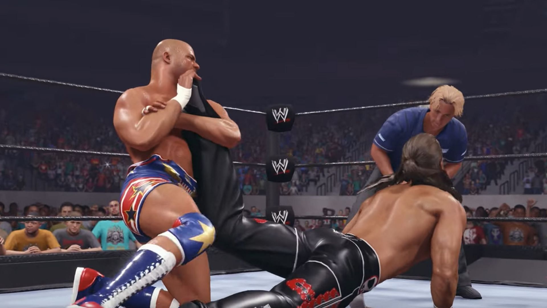Kurt Angle performing the Angle Lock on Shawn Michaels in WWE 2K24