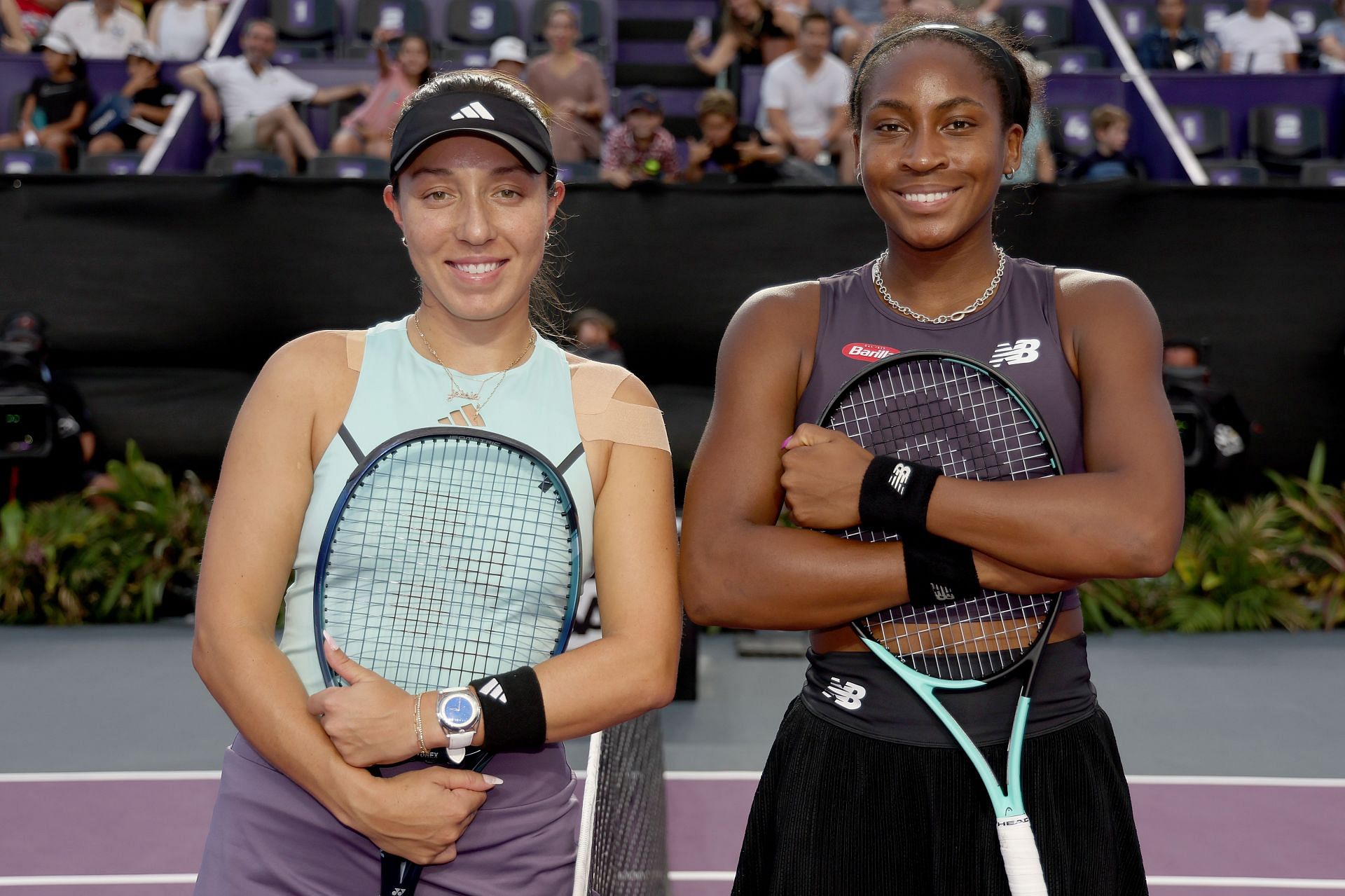 Jessica Pegula (L) and Coco Gauff (R) at the 2023 WTA Finals in Cancun, Mexico