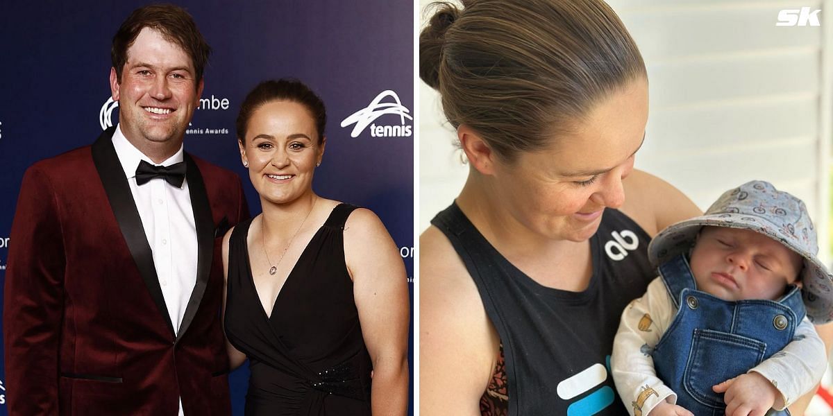 Ashleigh Barty with husband Garry Kissick (L) and son Hayden (R)