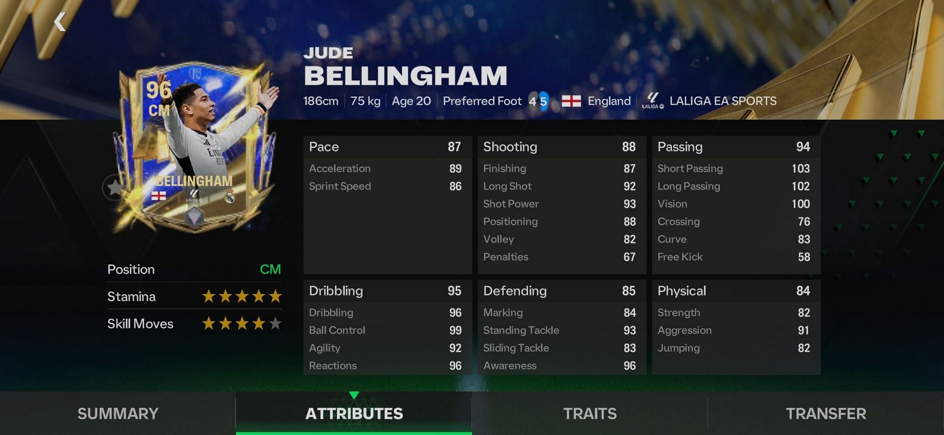 Jude Bellingham's 96-rated UTOTY card is the second-best FC Mobile central midfielder in the current meta (Image via EA Sports)