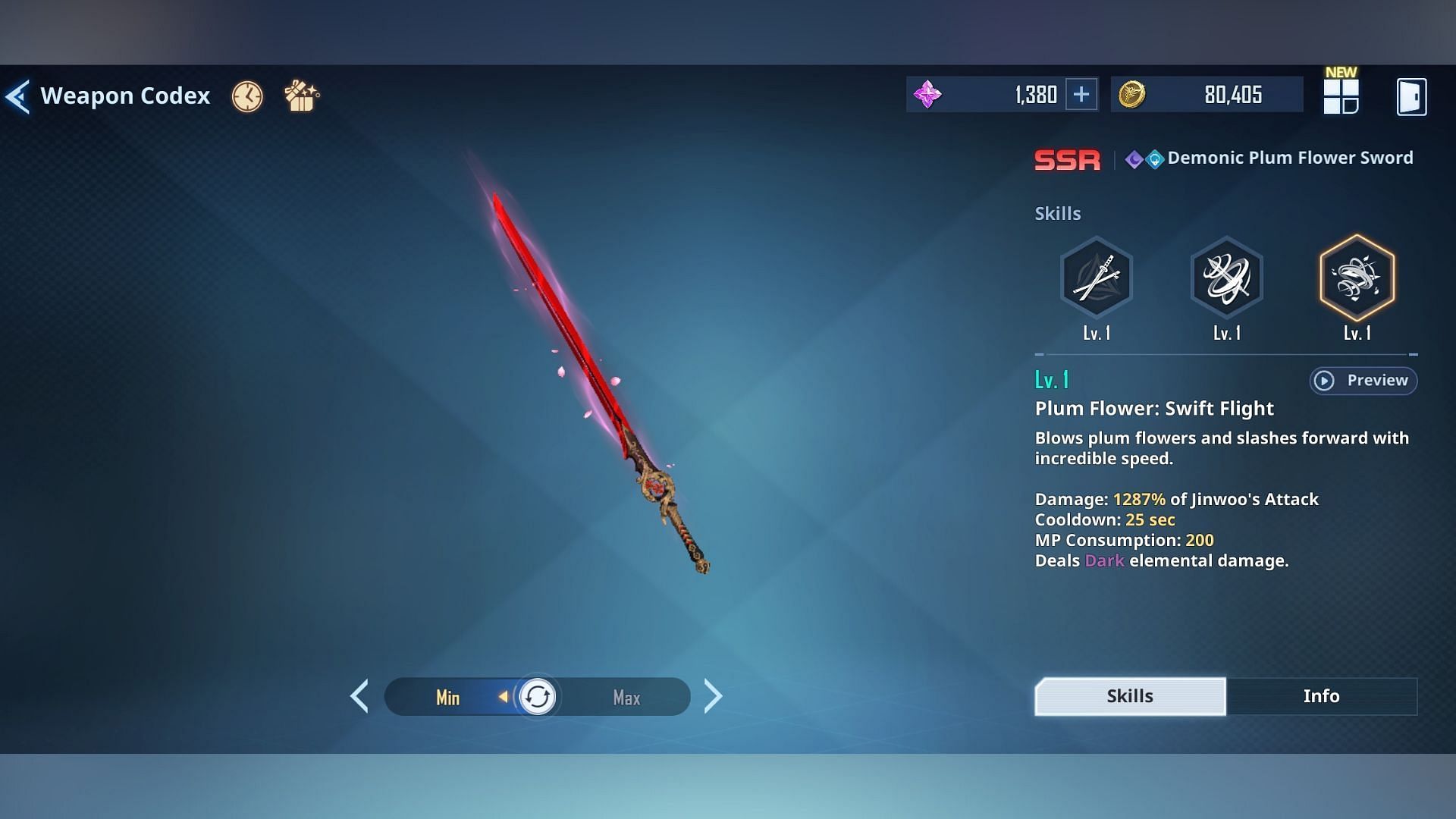 Demonic Plum Flower Sword is one of the best SSR weapons for Sung Jinwoo, and it boosts his critical damage (Image via Netmarble)