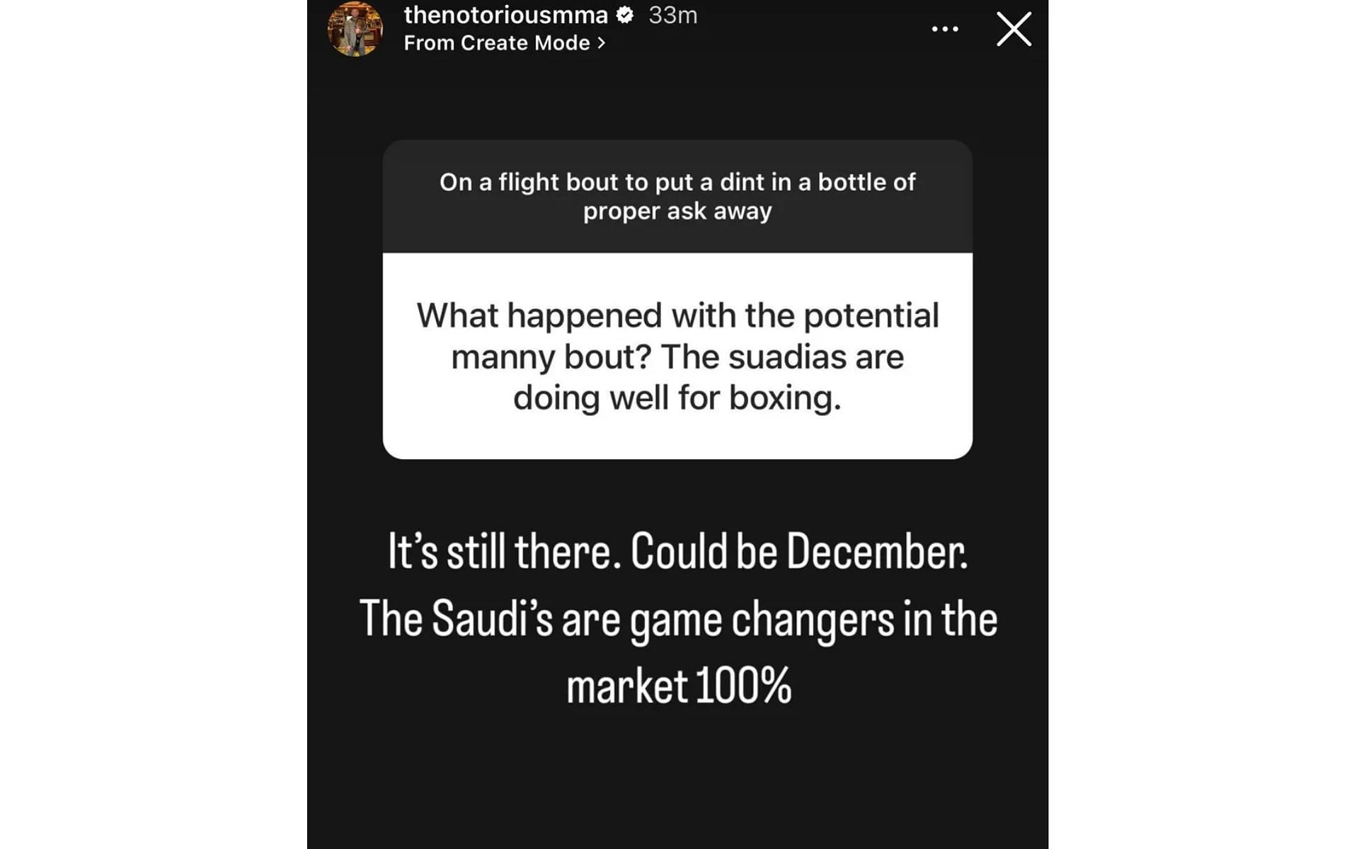Conor McGregor&#039;s Instagram story regarding Saudi Arabia [Image courtesy: @thenotoriousmma - Instagram via MMA Fighting]