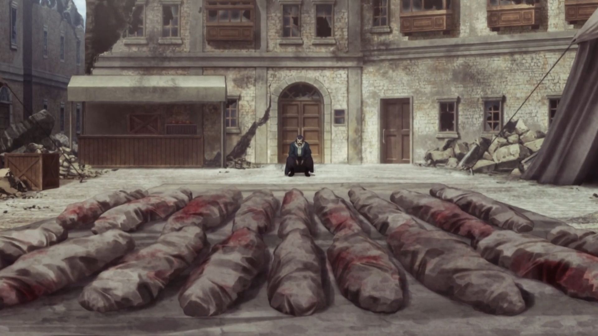 Harghent, sitting in front of corpses, as seen in Ishura season 1 episode 12 (Image via Hulu)