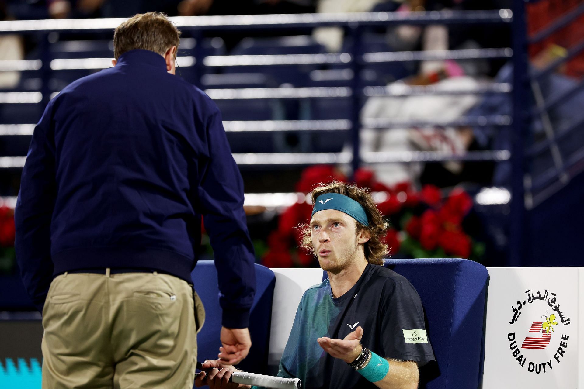 Andrey Rublev has a back-and-forth with the on-court supervisor in Dubai