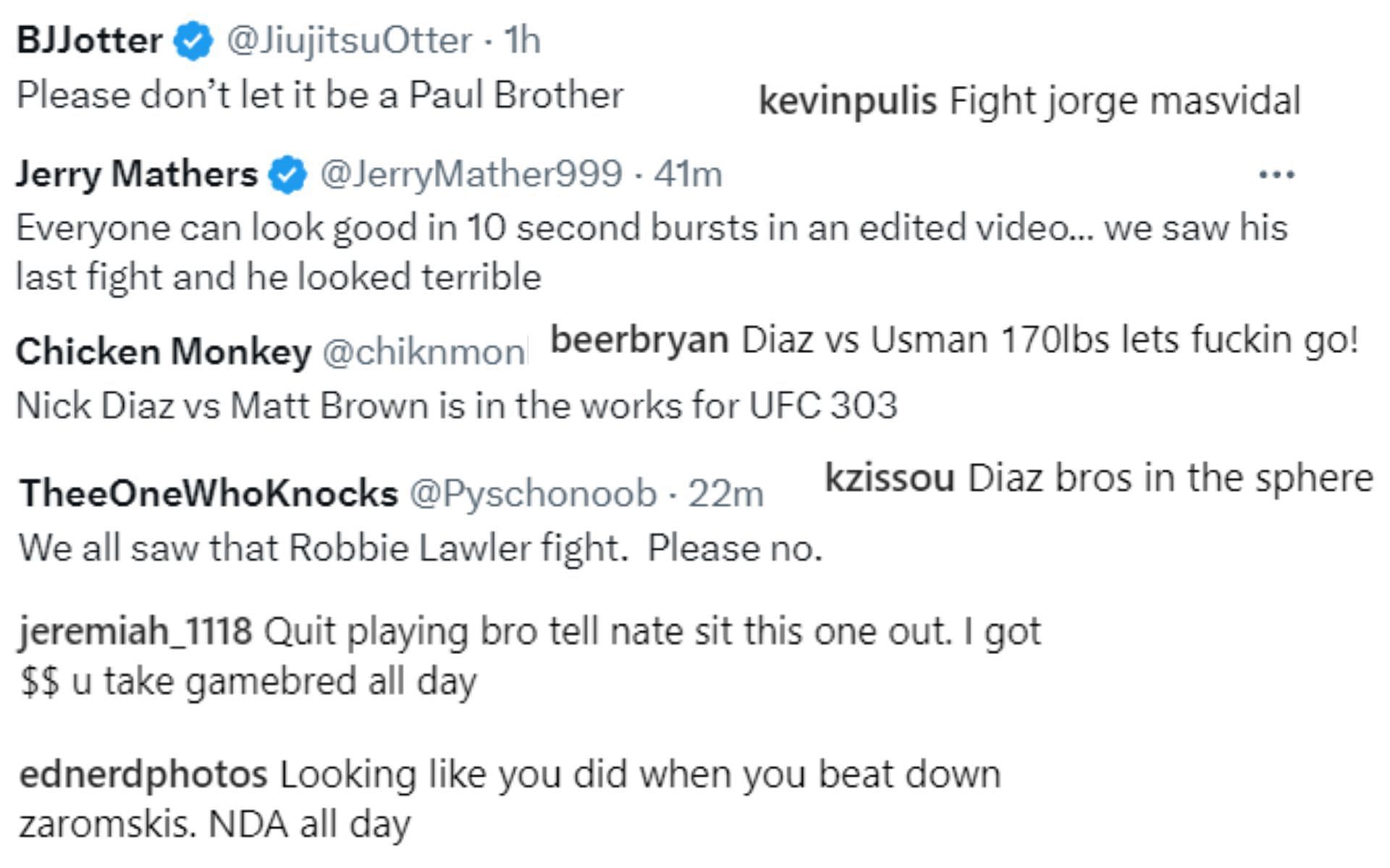 Screenshots of fan reactions to Nick Diaz&#039;s post on Instagram and MMA Mania&#039;s post on X