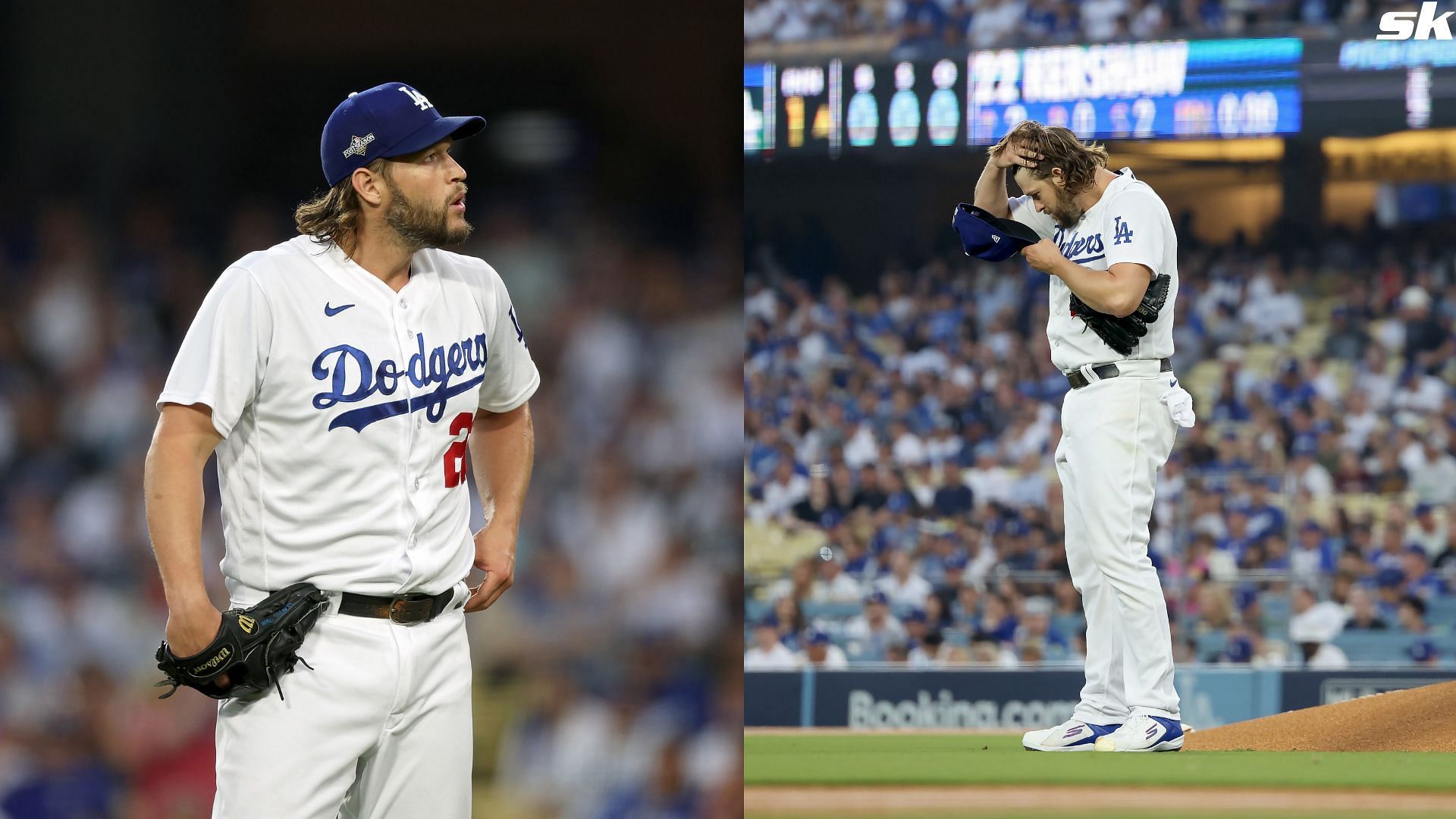 Clayton Kershaw of the Los Angeles Dodgers reacts in the first inning against the Arizona Diamondbacks during Game One of the Division Series at Dodger Stadium