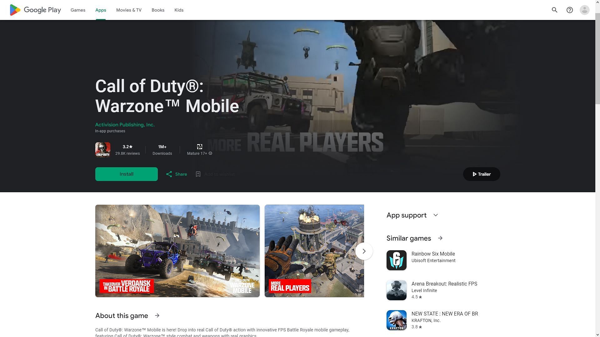 How many GB is Warzone Mobile on Android (Image via Play Store)