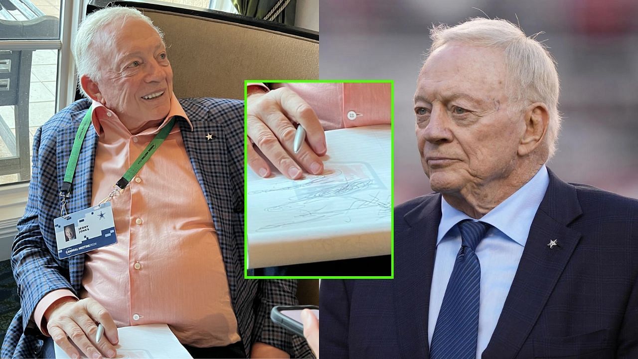Dallas Cowboys owner Jerry Jones has some indecipherable writings on his notepad.