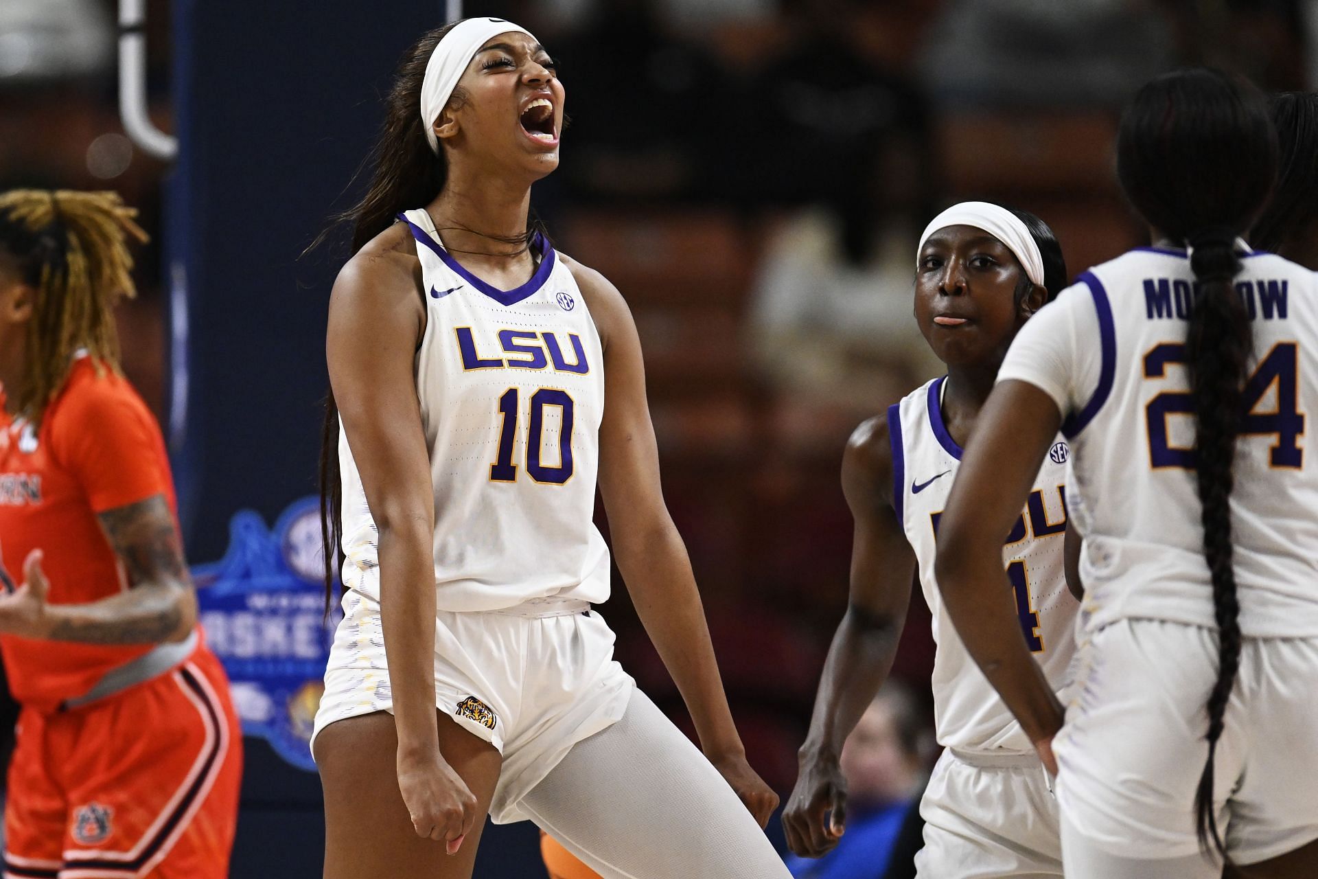 GREENVILLE, SOUTH CAROLINA - MARCH 08: Angel Reese #10 of the LSU Lady Tigers celebrates against the Auburn Tigers in the first quarter during the quarterfinals of the SEC Women&#039;s Basketball Tournament at Bon Secours Wellness Arena on March 08, 2024 in Greenville, South Carolina. (Photo by Eakin Howard/Getty Images)