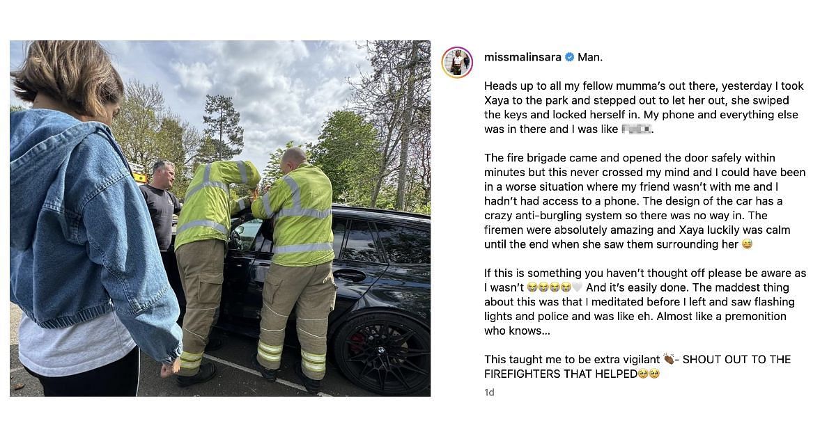Malin Andersson&#039;s Instagram post about her daughter being locked inside the car (Image via Instagram/@missmalinsara)